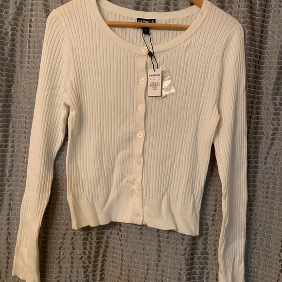 Express Petite Ribbed Crew Neck Cardigan - Picture 2 of 4